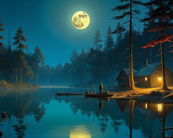 Moonlit Lake Scene with Cabin and Boat Under Stars