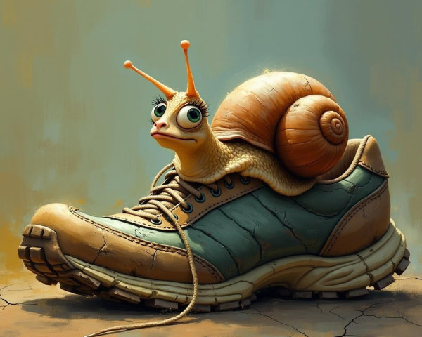 Cartoon Snail on Worn Sneaker with Turquoise Stripe