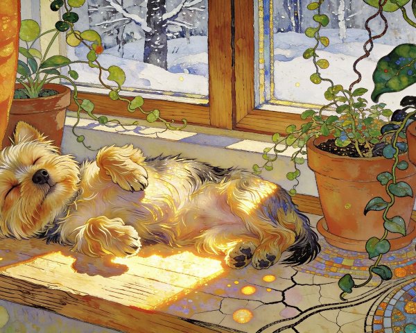 Watercolor of Yorkshire Terrier Sleeping on Windowsill