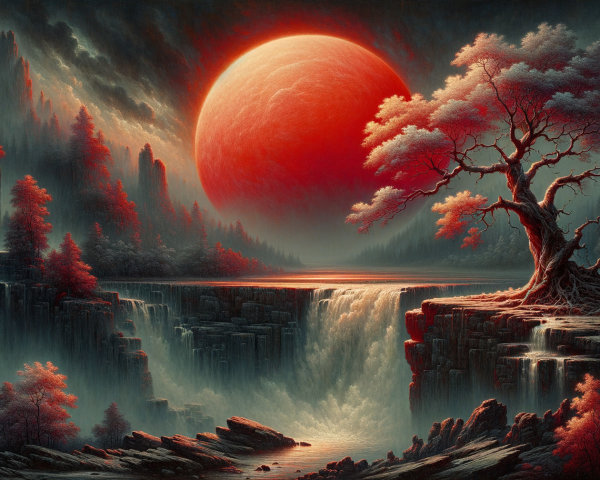 Dramatic Waterfall in Surreal Landscape with Red Planet