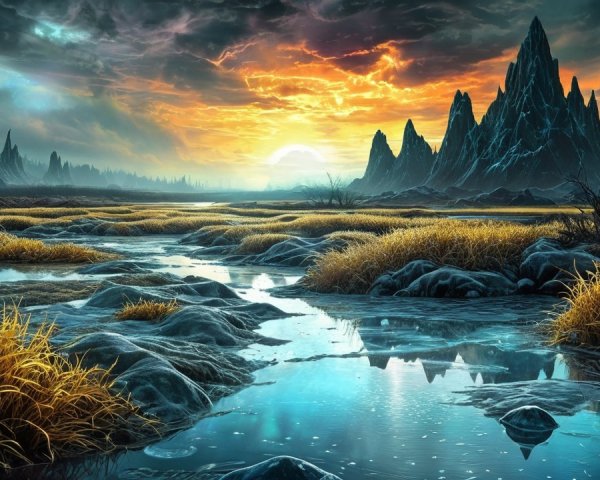 Dusk Landscape with Mountains and Vibrant Sunset