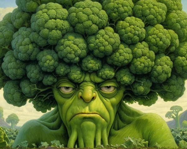Whimsical Character with Broccoli Head and Grumpy Face