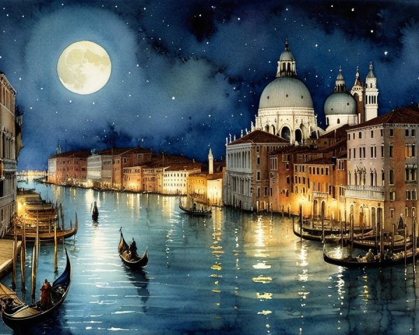 Serene Night Scene of Venice Under Full Moonlight