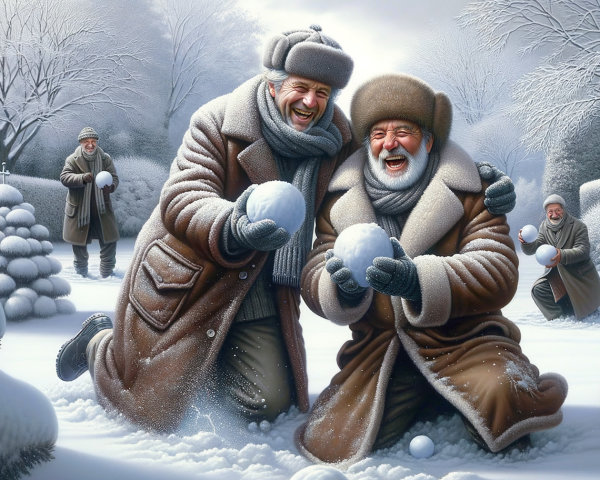 Cheerful Men in Snowy Landscape Preparing Snowballs