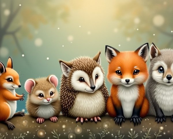 Woodland Animals Gathered on Mossy Forest Floor