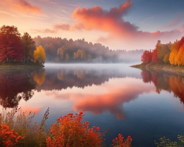 Tranquil Lake Surrounded by Autumn Foliage and Fog
