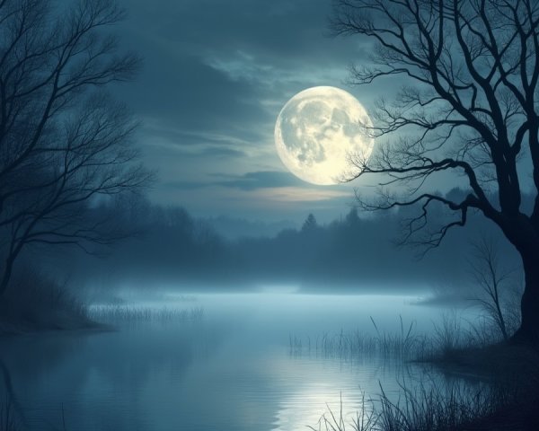 Serene Night Landscape with Moonlit River and Trees