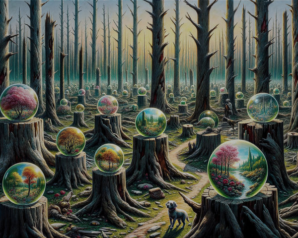 Mystical Forest with Tree Stumps and Glass Orbs