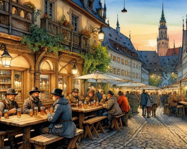 Charming Cobblestone Street Evening Scene with Sunset