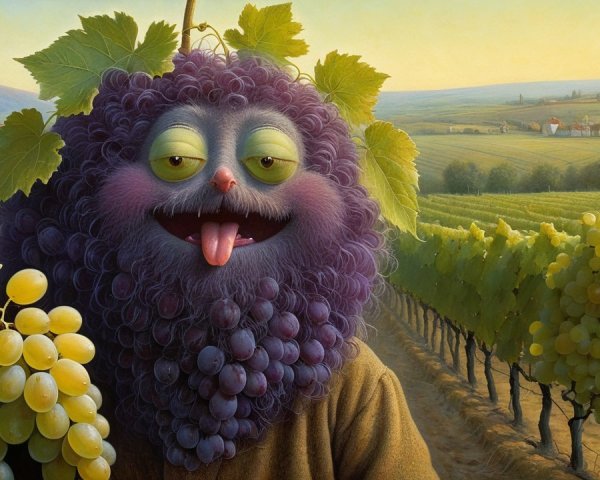 Cartoonish grape character in a vibrant vineyard setting