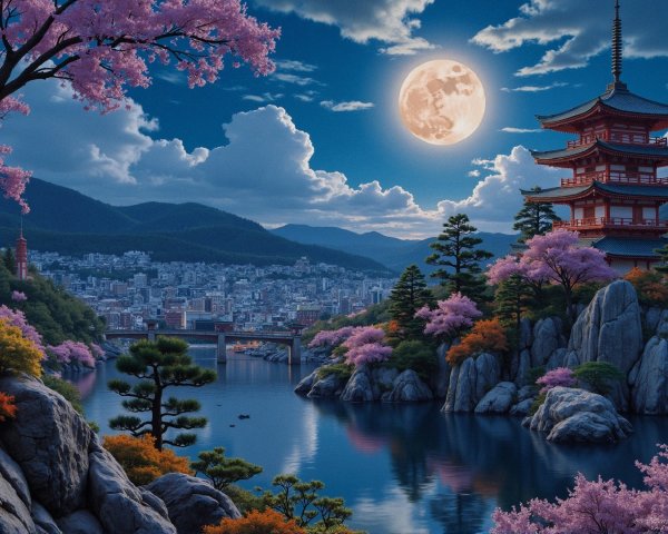 Tranquil River and Cherry Blossoms Under Full Moon