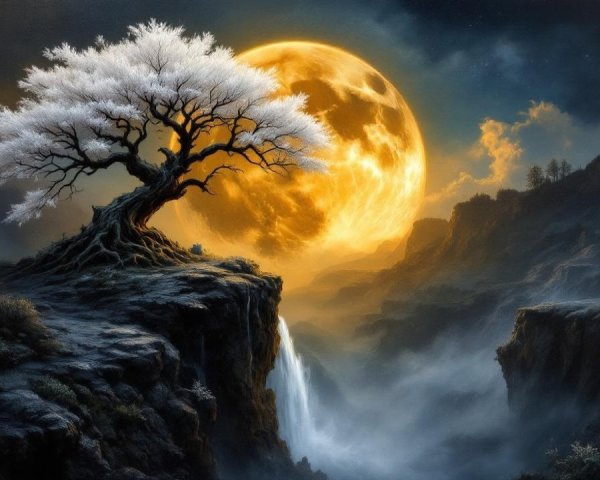 Mystical Landscape with Gnarled Tree and Waterfall