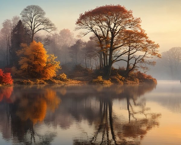 Tranquil Autumn Landscape with Calm Lake and Foliage