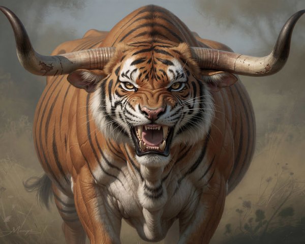 Digital Painting of Bull with Tiger's Face Features