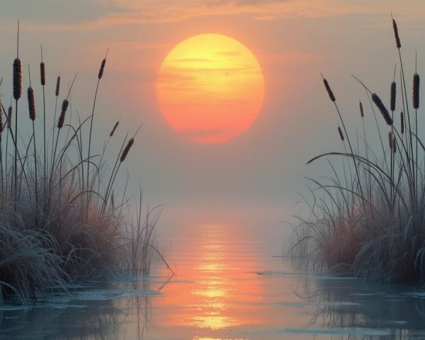 Tranquil Sunset Over Water with Grasses and Mist