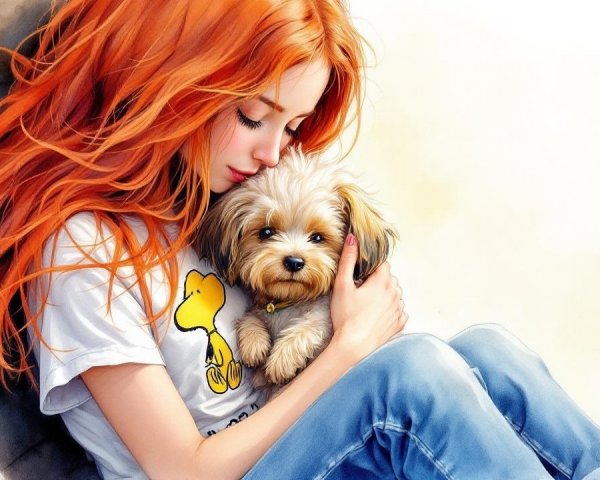 Young woman with red hair holding a fluffy dog