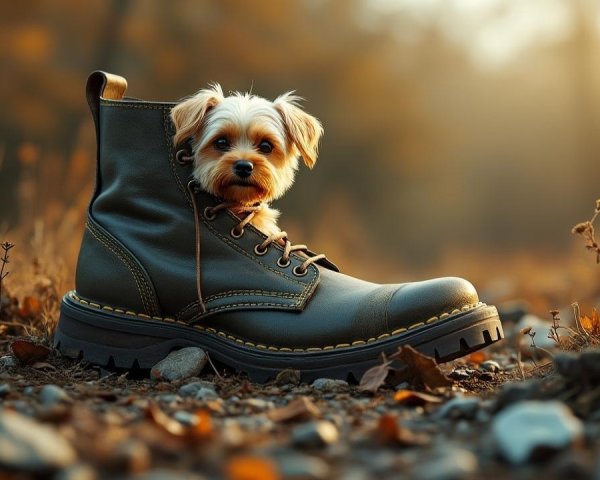 Small dog inside a large boot in autumn setting