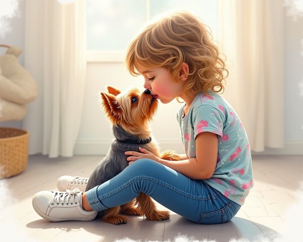 Young girl and Yorkshire Terrier in sunlit room