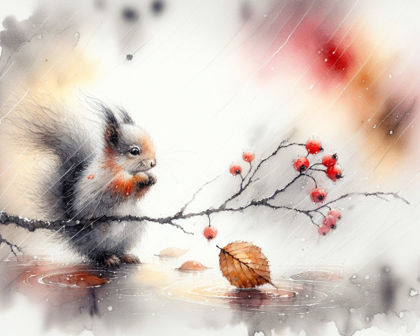 Whimsical Watercolor of Squirrel and Autumn Scene