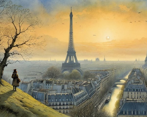 Paris Dusk View with Eiffel Tower and Seine River