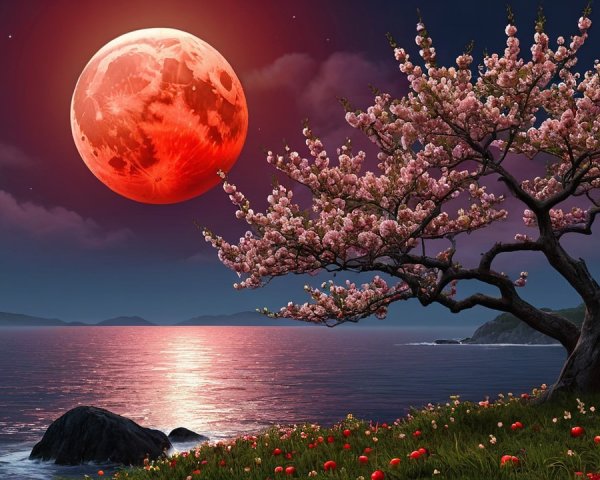 Cherry Blossom Tree by Calm Sea Under Full Moon