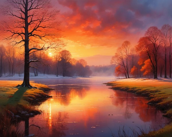 Winter Landscape with Sunset over Flowing Water