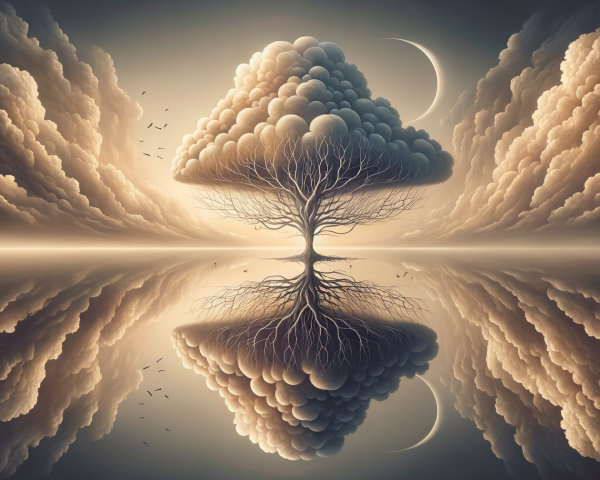 Surreal Landscape with Majestic Tree and Moon