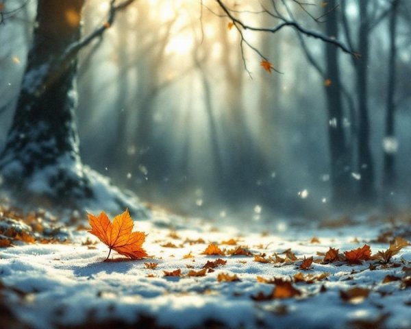 Autumn Leaves on Snowy Forest Floor in Winter Light