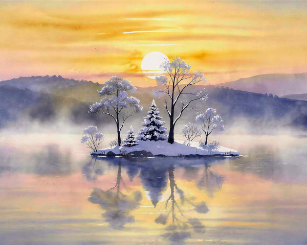 Pastel Watercolor of Winter Landscape at Sunrise