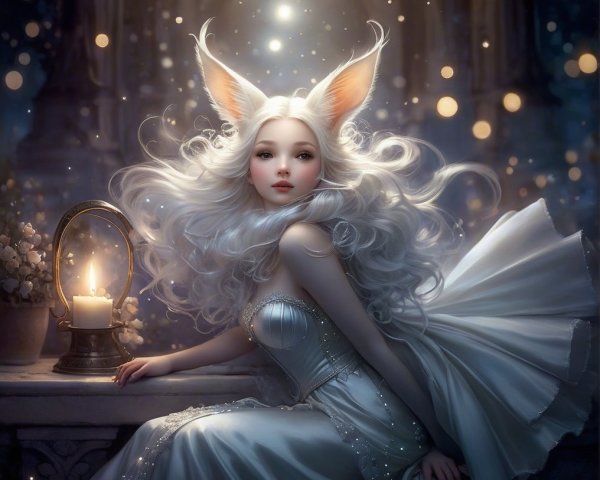 Mystical figure with white hair in enchanting setting