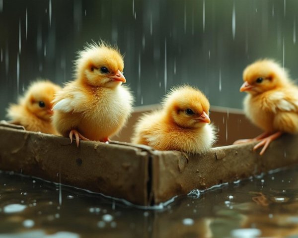 Fluffy Yellow Chicks in Cardboard Box on Rainy Water