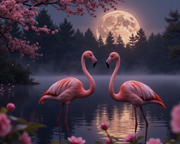 Flamingos in a Serene Lake Surrounded by Flowers