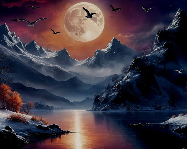 Winter Night Landscape with Full Moon and Lake Reflection