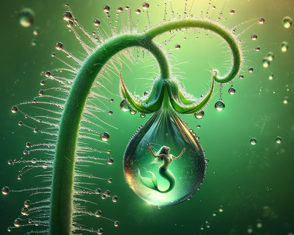 Delicate Green Tendril with Water Droplets and Mermaid
