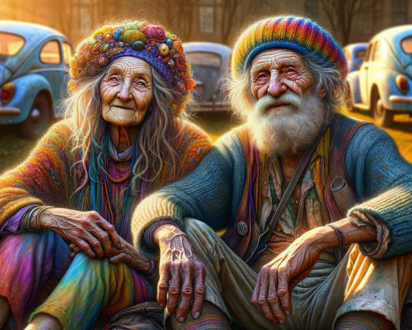 Elderly Couple in Vibrant Natural Setting with Beetles