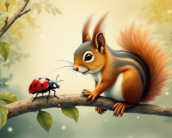 Squirrel and Ladybug in a Tranquil Forest Scene