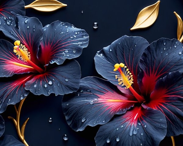 Vibrant Hibiscus Flowers with Gold Leaves and Water Droplets