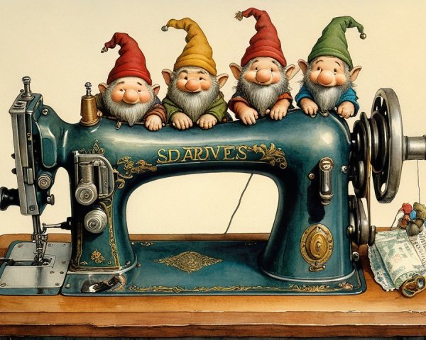 Gnomes on Vintage Sewing Machine with Colorful Hats