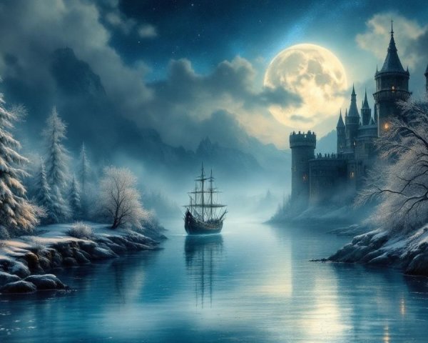 Majestic Castle on Rocky Shore Under Full Moonlight