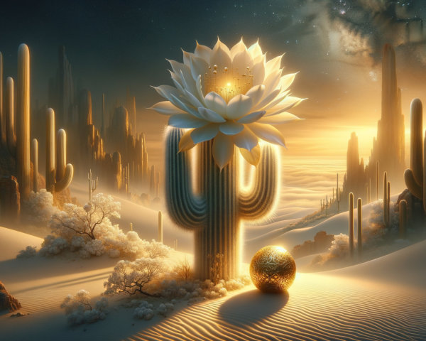 Surreal Desert Landscape with Cactus and Lotus Flower