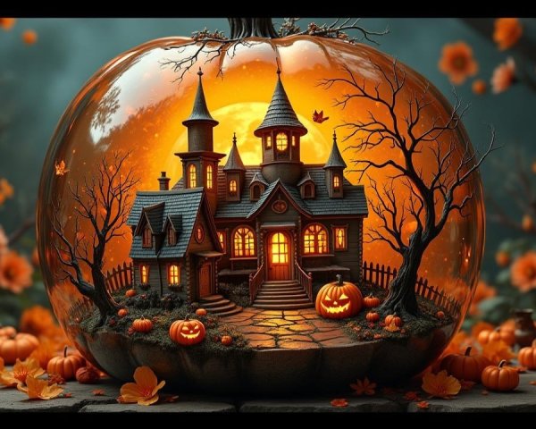 Carved Pumpkin with Haunted House and Autumn Decor