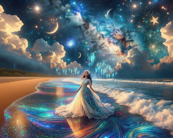Mystical Beach Scene with Elegant Gown and Ocean