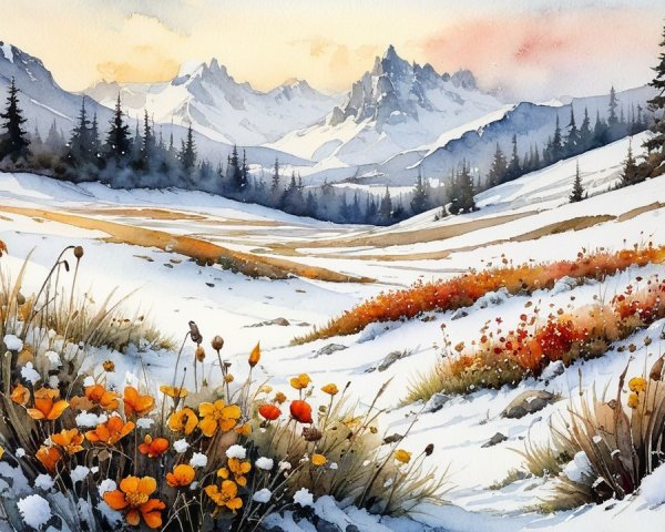 Watercolor Painting of a Snowy Mountain Valley Scene