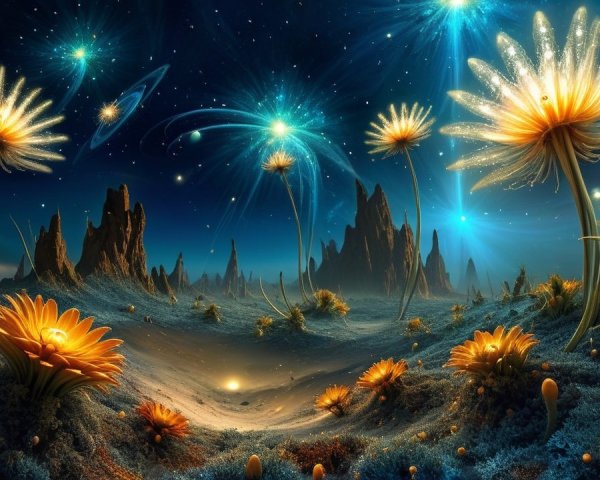 Surreal Alien Landscape with Luminous Flowers and Stars