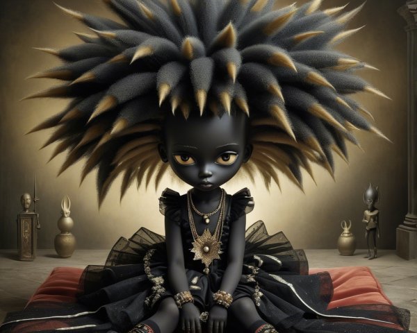 Unique Doll with Spiky Black and Gold Hairstyle