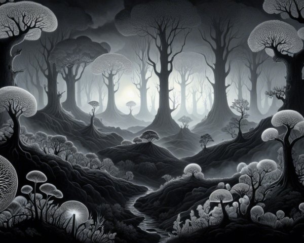 Surreal Monochromatic Forest with Mist and Glowing Mushrooms