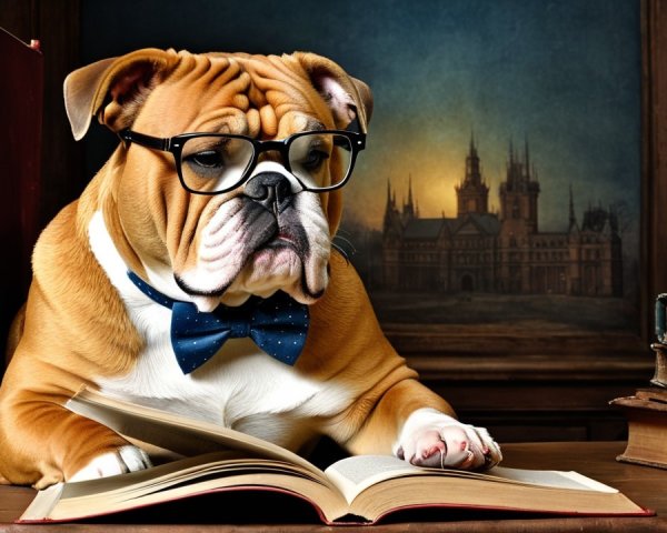 Bulldog in Glasses at Desk Surrounded by Books