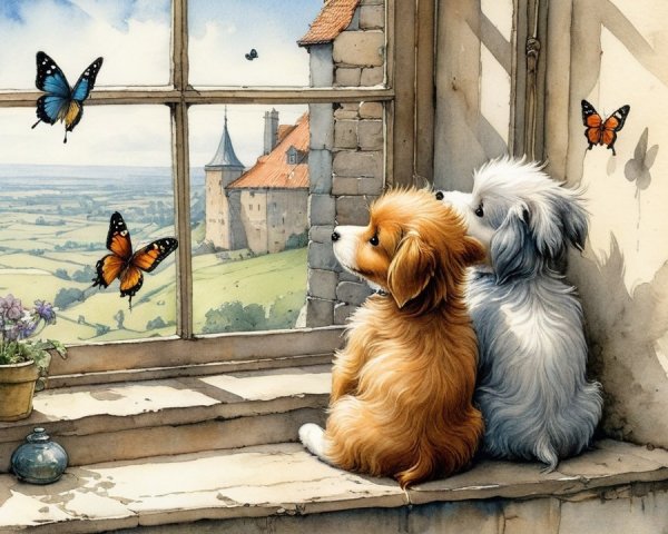 Small Dogs Watching Butterflies from Windowsill
