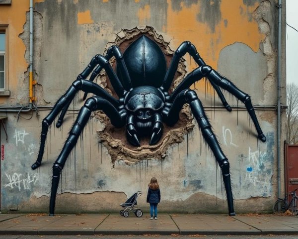 Dramatic Mural of Spider on Cracked Urban Wall