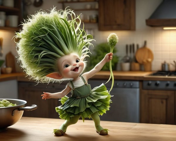Whimsical Kitchen Scene with Playful Fairy-Tale Character